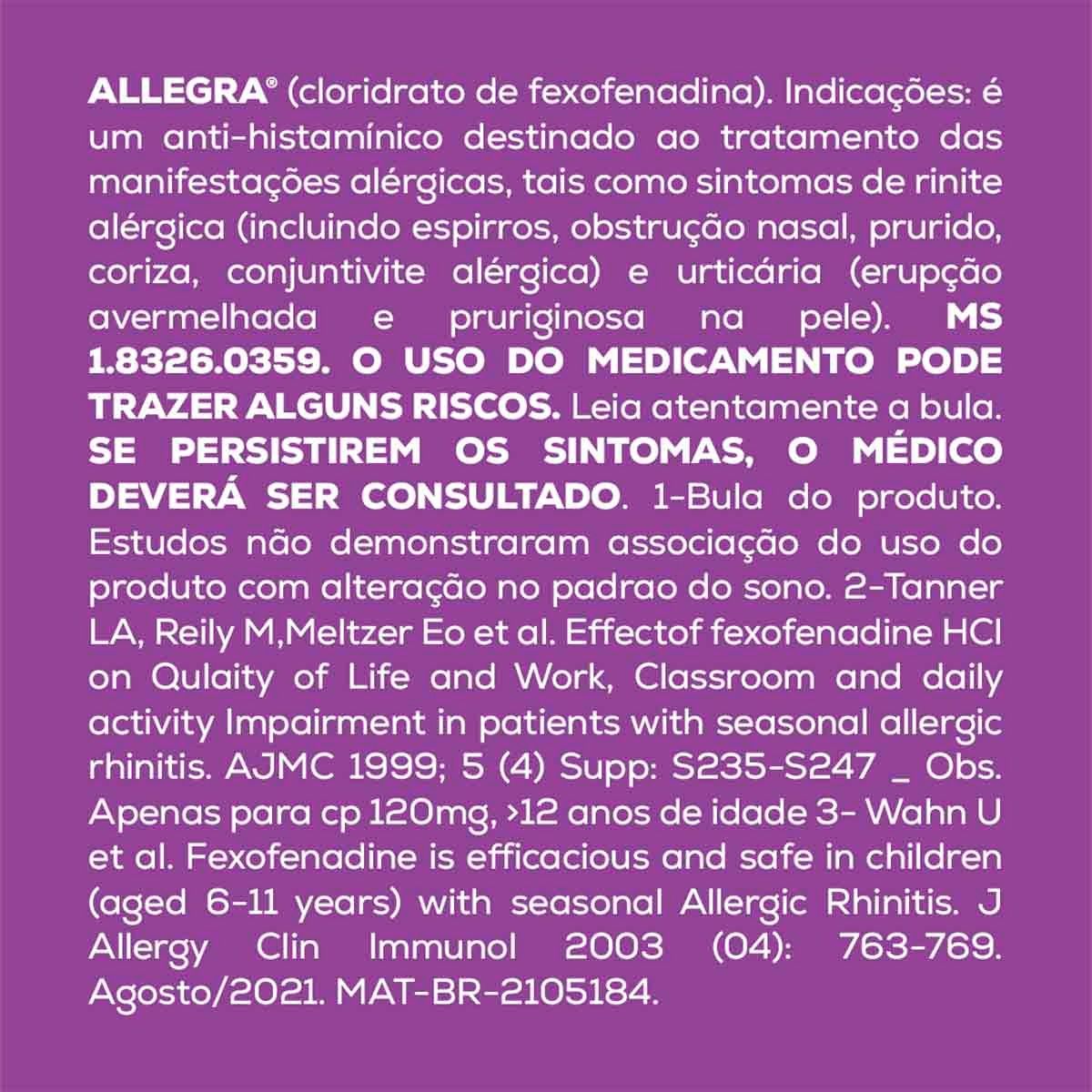 Allegra Pediátrico Cloridrato de Fexofenadina 6mg/ml Sabor Framboesa Suspensão Oral Com 60ml