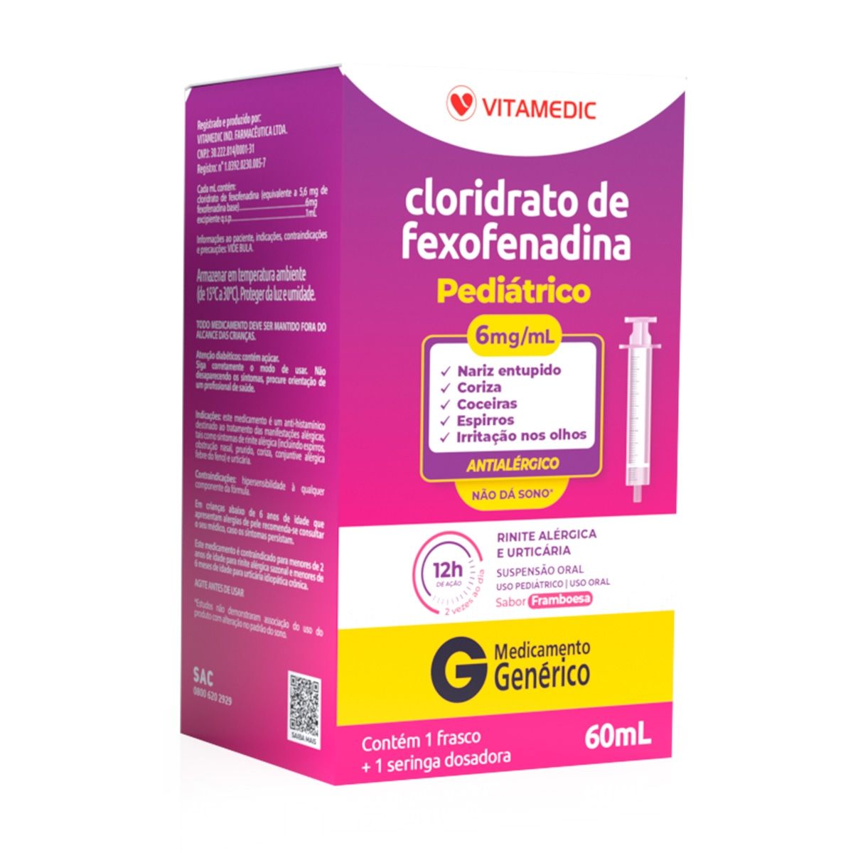 Cloridrato De Fexofenadina 6mg/ml Pediátrico Sabor Framboesa Suspensão Oral Com 60ml Genérico Vitamedic