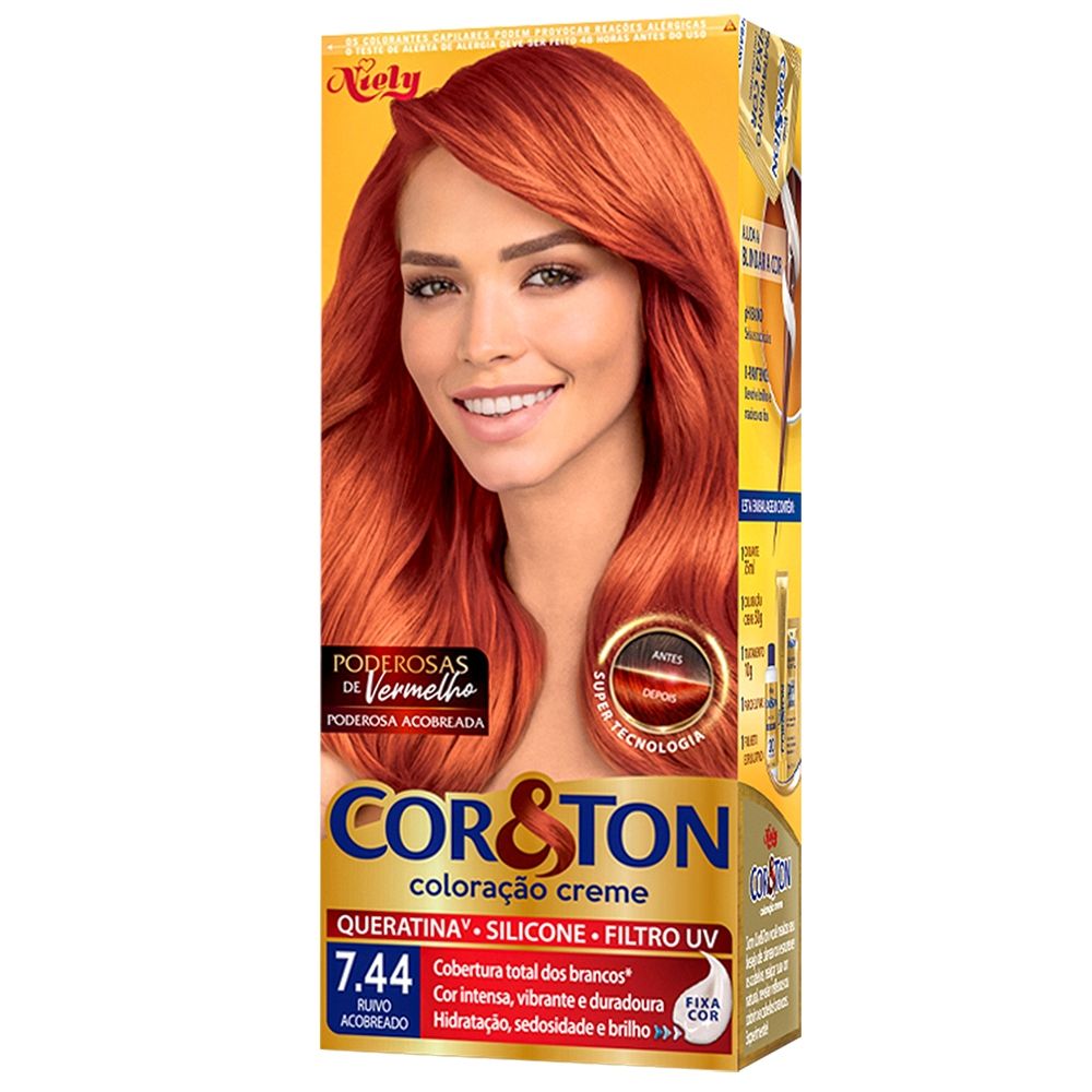 Tintura Creme Cor e Ton Poderosas de Vermelho 7.44 Ruivo Acobreado Niely