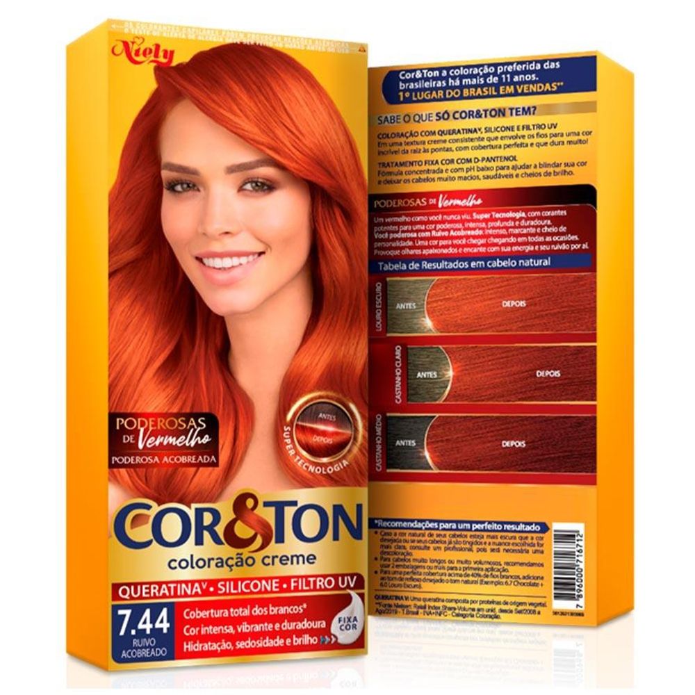 Tintura Creme Cor e Ton Poderosas de Vermelho 7.44 Ruivo Acobreado Niely