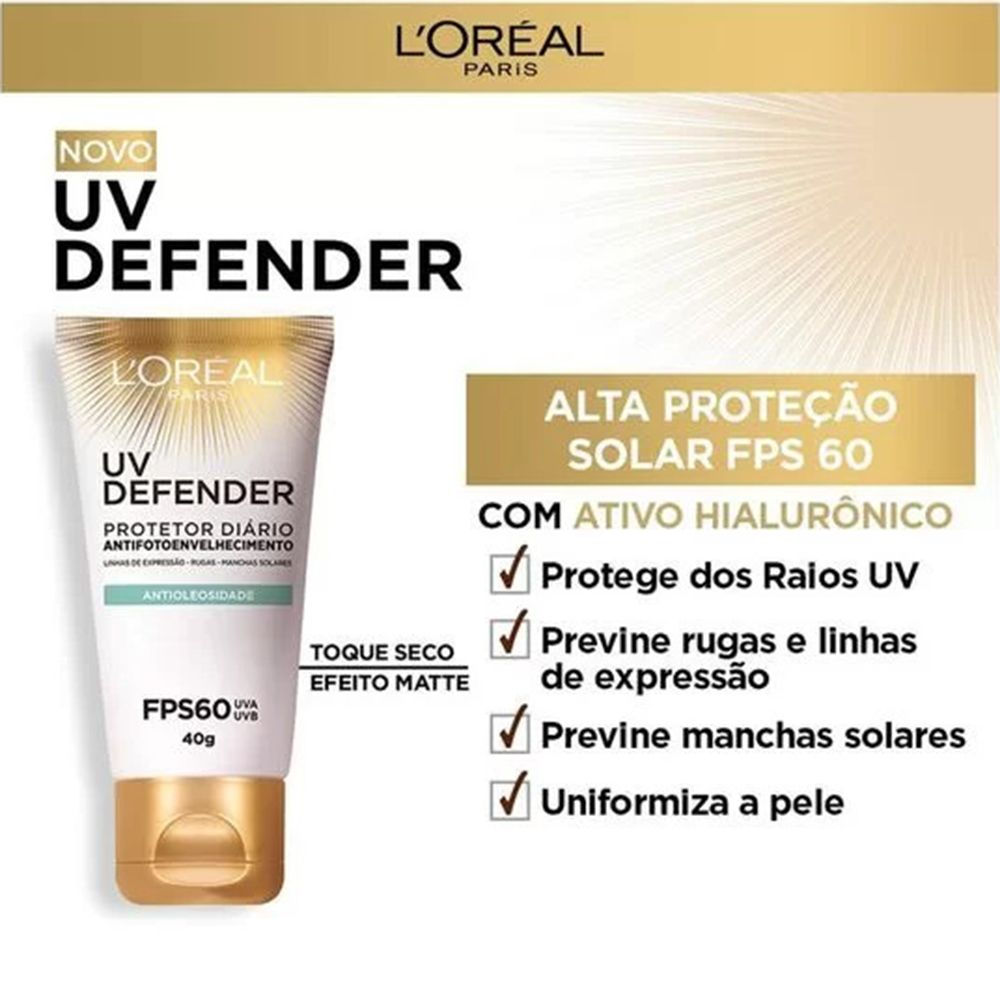 Protetor Solar Facial L'Oréal UV Defender Antifotoenvelhecimento Sem Cor FPS60 40g