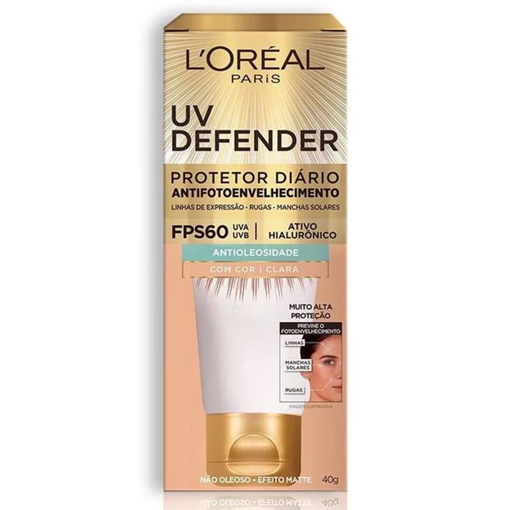 Protetor Solar Facial L'Oréal UV Defender Antifotoenvelhecimento Cor Clara FPS60 40g