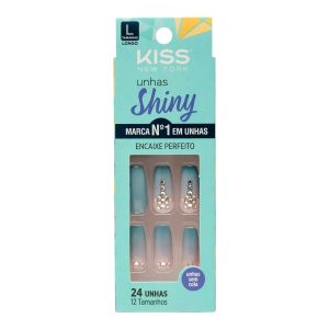 Unha Postiça Shiny Azul Topázio 24 Unidades Kiss New York
