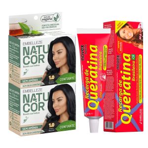 Kit Natucor 1.0 Preto Natural Com 2 Unidades e 1 Recarga de Queratina 80g Novex