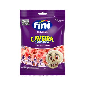 Balas De Gelatinas Fini Caveira Recheada Sabor Nata E Cereja 80g