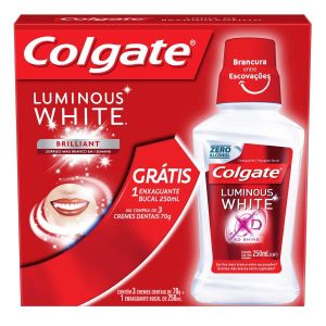 Kit Creme Dental Colgate Luminous White Com 3 Unidades + Enxaguante Bucal 250ml