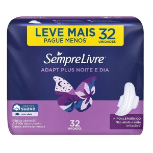 Absorvente Sempre Livre Adapt Plus Noite e Dia Suave com Abas e 32 Unidades