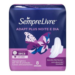 Absorvente Sempre Livre Adapt Plus Noite e Dia Com Abas Cobertura Seca Com 8 Unidades