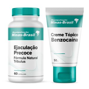 Kit Ejaculação Precoce Fórmula Natural Tribulus 60 Cápsulas Creme Tópico Benzocaína 50g