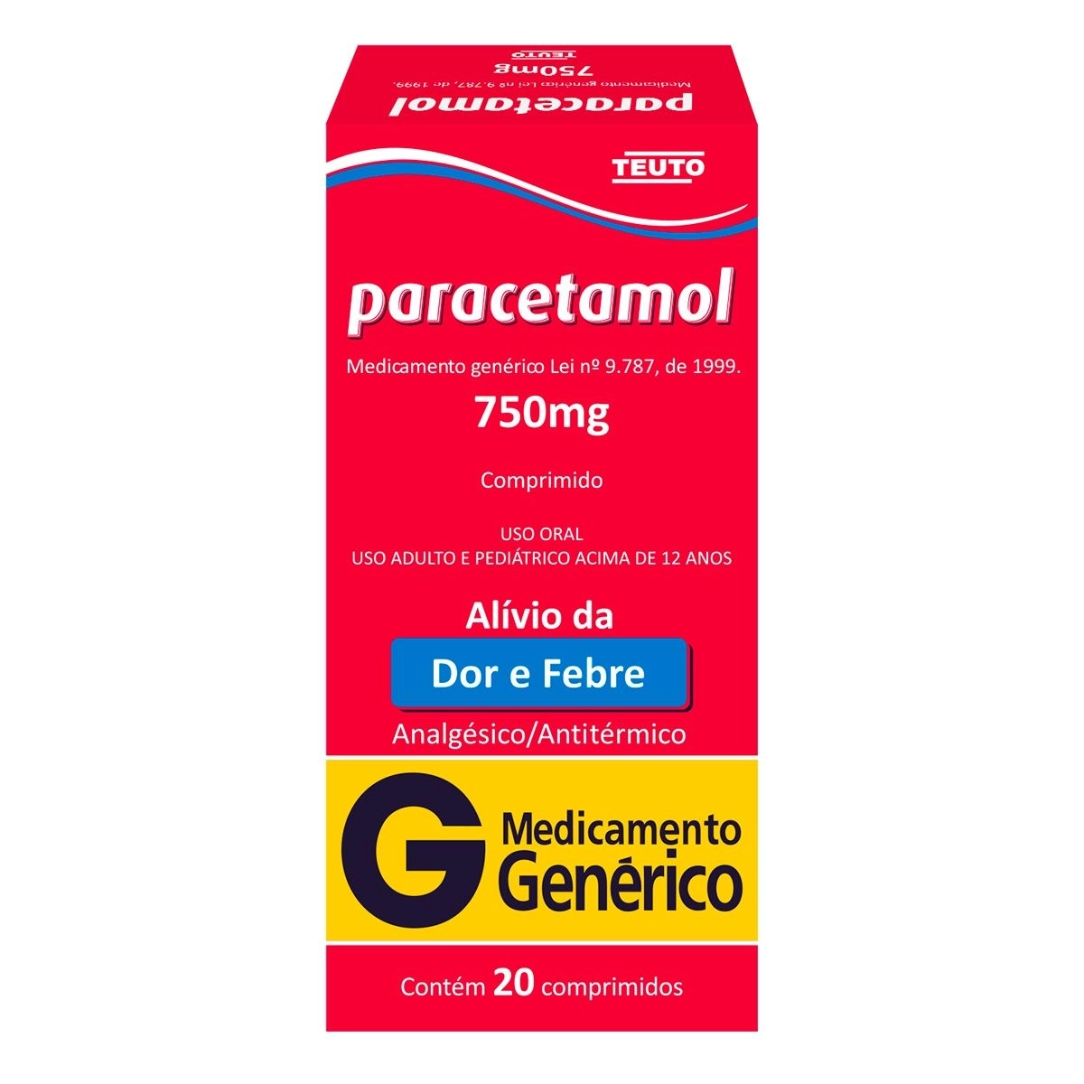 Paracetamol 750mg Com 20 Comprimidos Revestidos Genérico Teuto