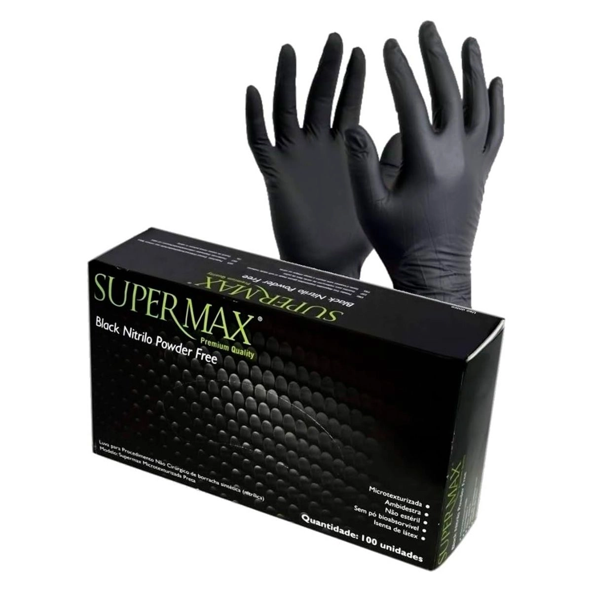 Luva de Procedimento Nitrílica Preta Sem Pó Grande Com 100 Unidades Supermax