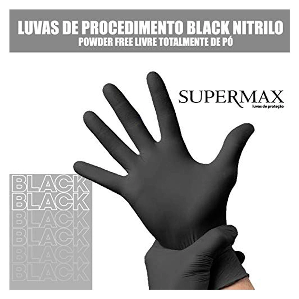 Luva de Procedimento Nitrílica Preta Sem Pó Extra Grande Com 100 Unidades Supermax