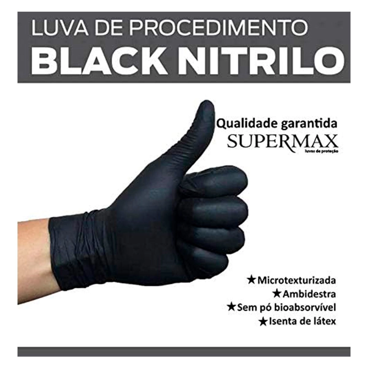 Luva de Procedimento Nitrílica Preta Sem Pó Extra Grande Com 100 Unidades Supermax