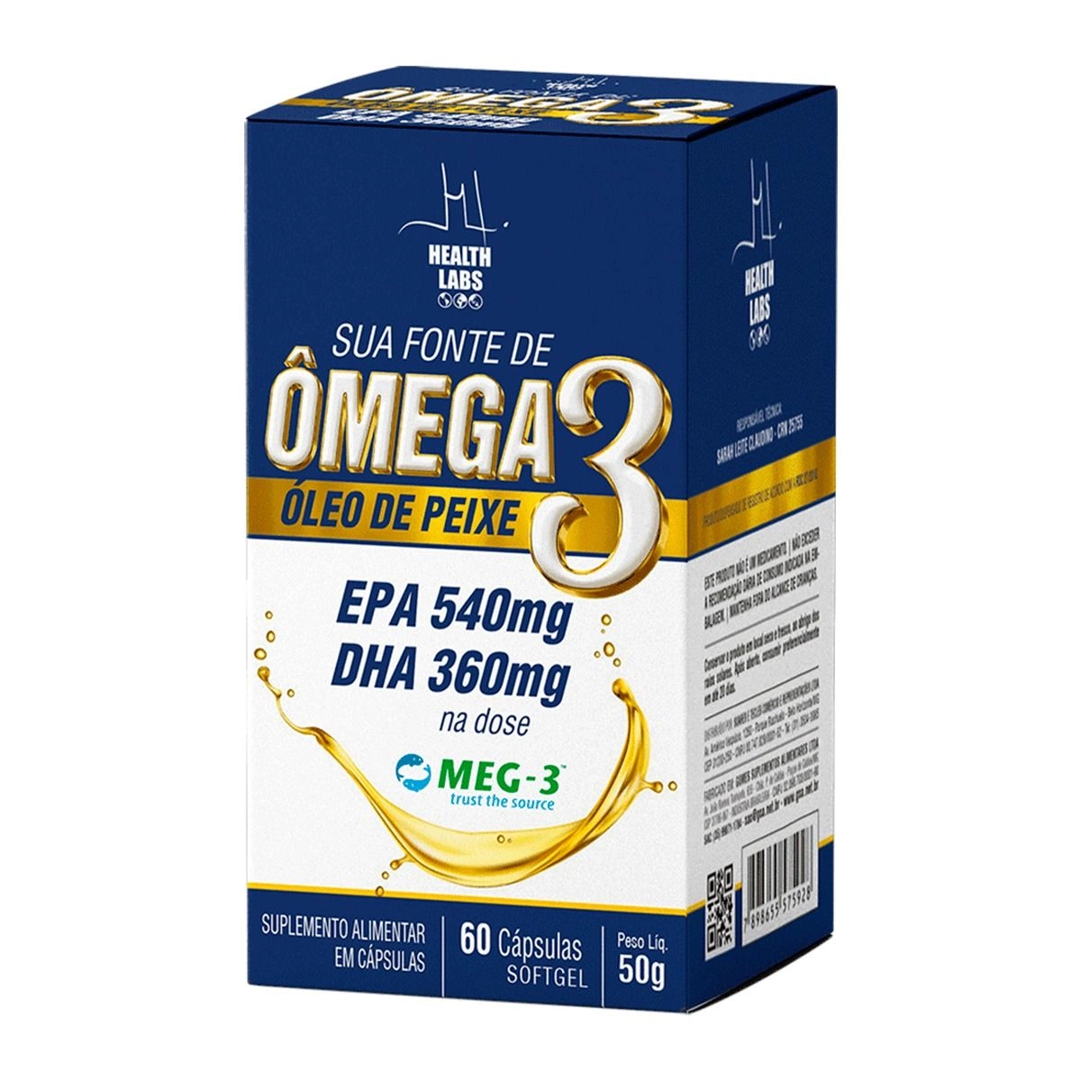 Suplemento Alimentar Ômega 3 1000Mg Óleo de Peixe Com 60 Cápsulas Softgel Health Labs