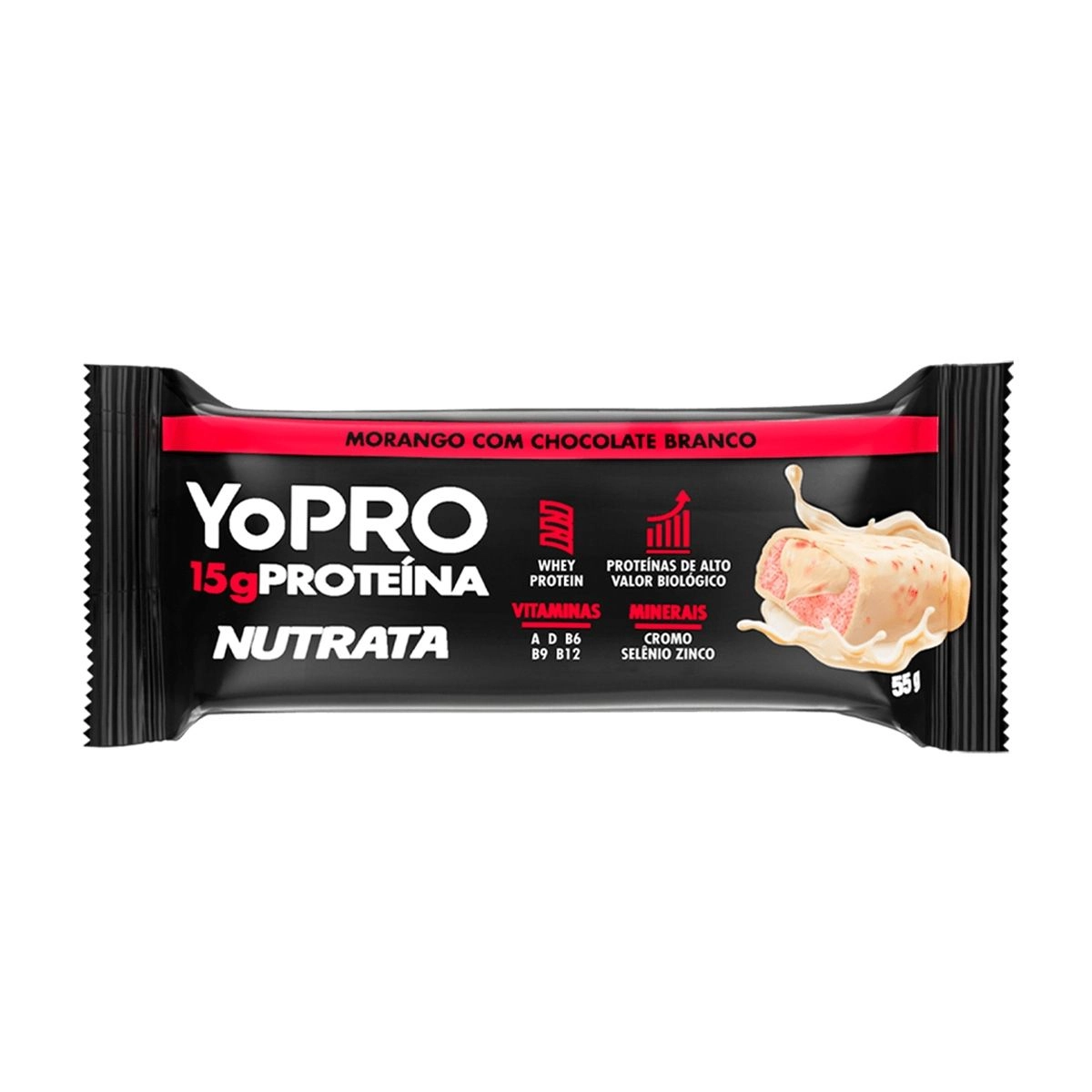 Barra Protéica Yopro Nutrata Sabor Morango Com Chocolate Branco Com 55g