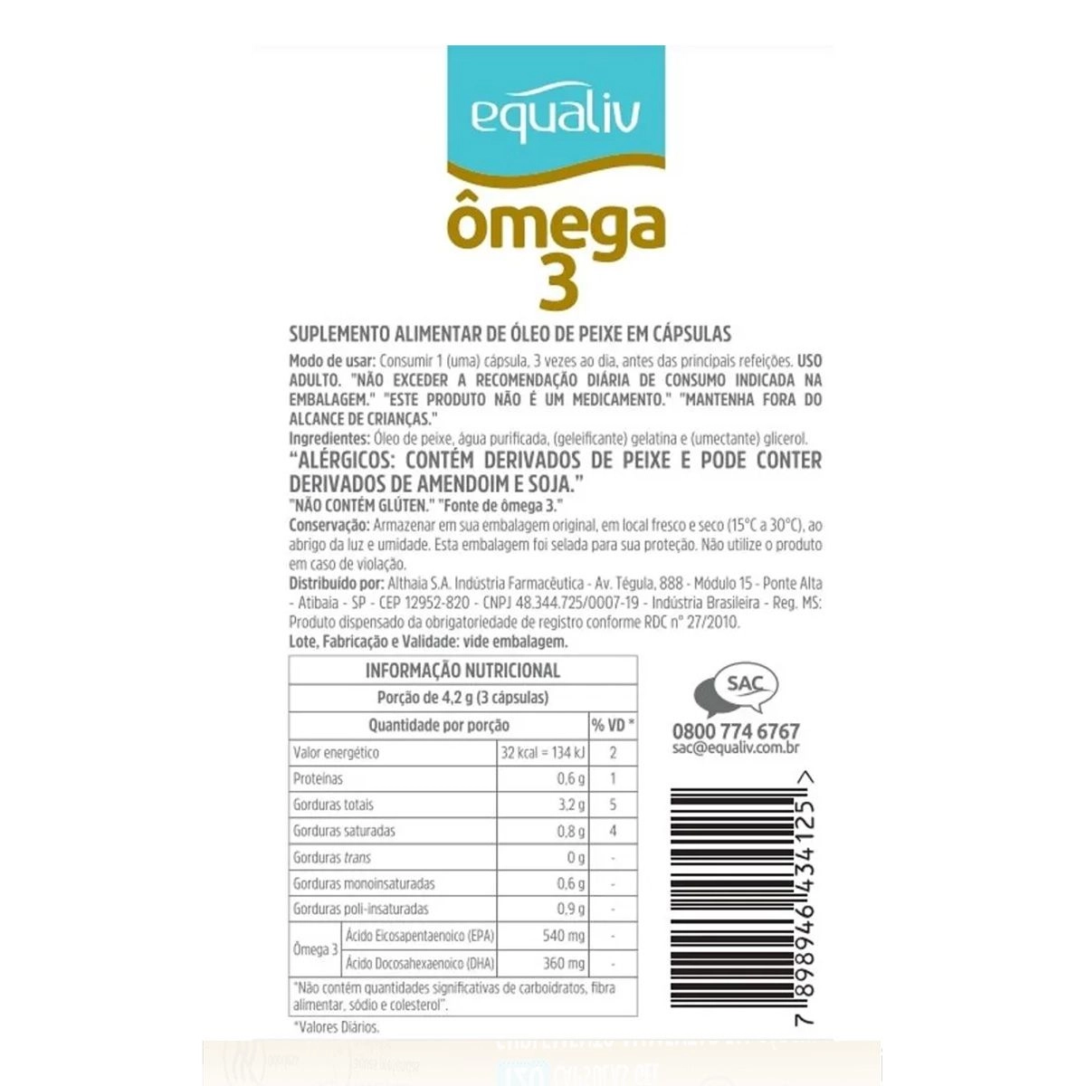 Suplemento Alimentar Ômega 3 1.000mg Com 120 Cápsulas Gel Equaliv