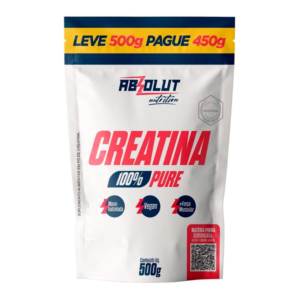 Creatina 100% Pure Pouch Leve 500g Pague 450g Absolut Nutrition