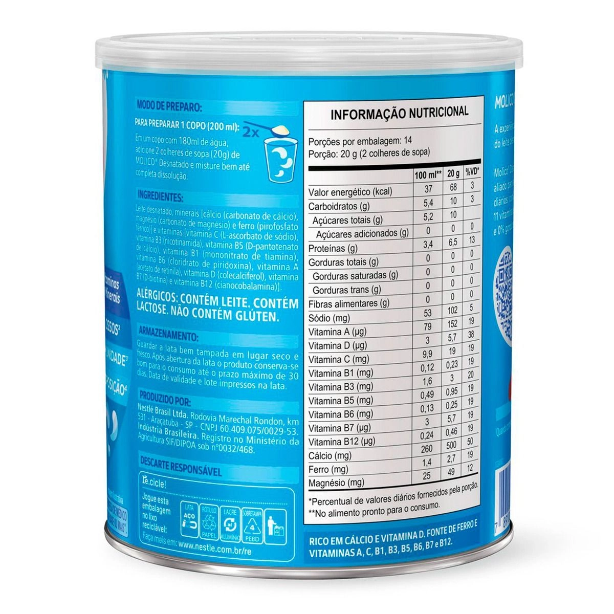 Leite Em Pó Molico Desnatado Lata 280g