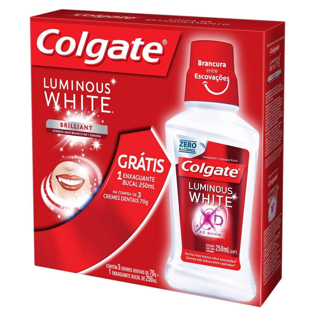 Kit Creme Dental Colgate Luminous White Com 3 Unidades + Enxaguante Bucal 250ml