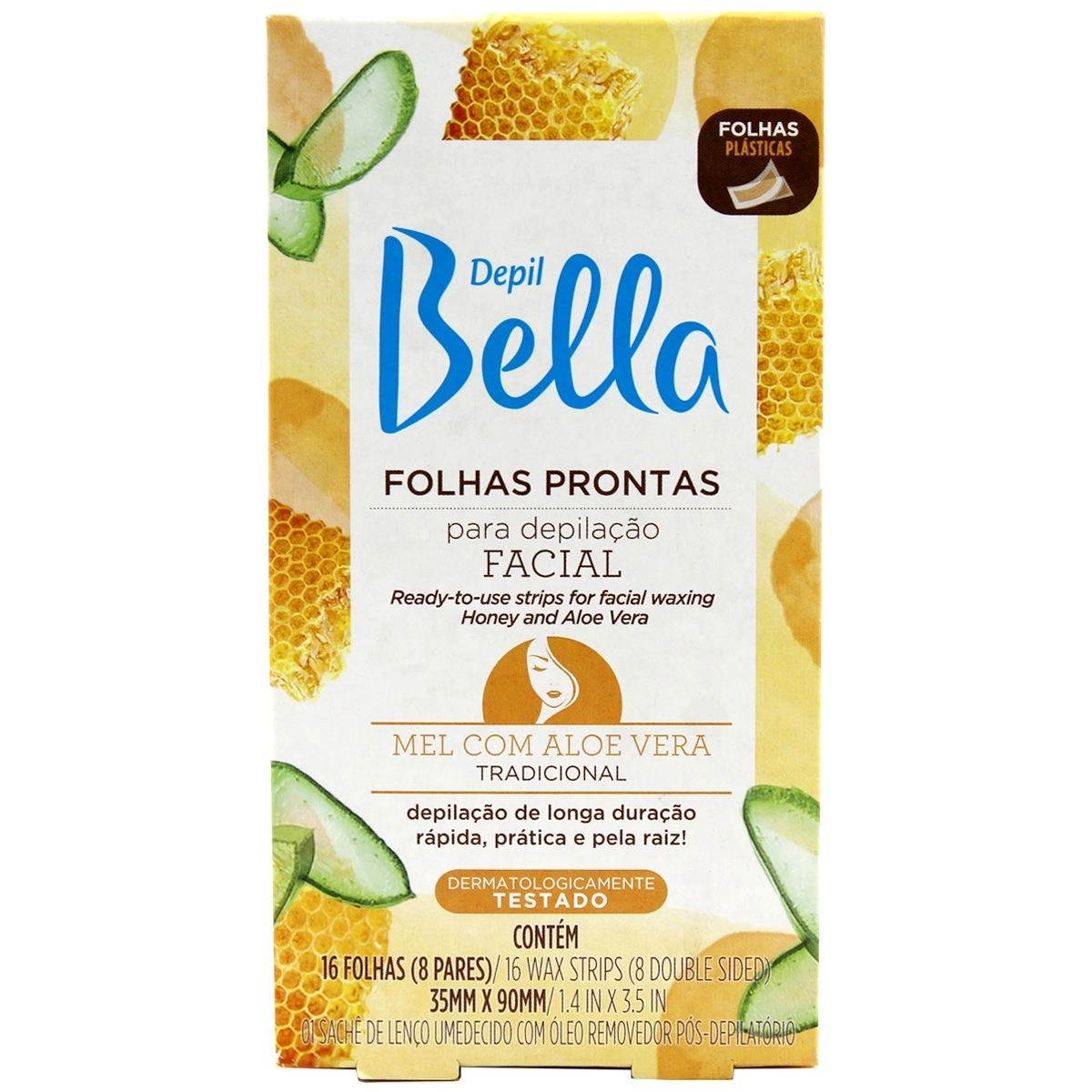 Folha Pronta Para Depilação Facial Mel com Aloe Vera 16 Folhas Depil Bella