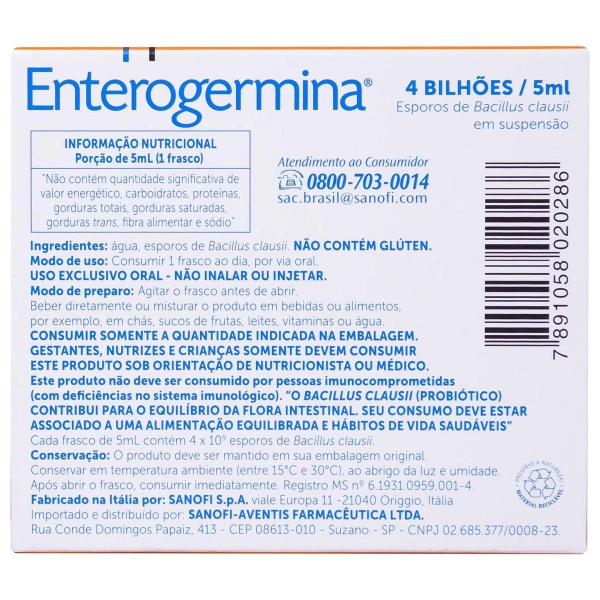 Probiotico Enterogermina Plus Uso 1 Vez Ao Dia 5 Frascos