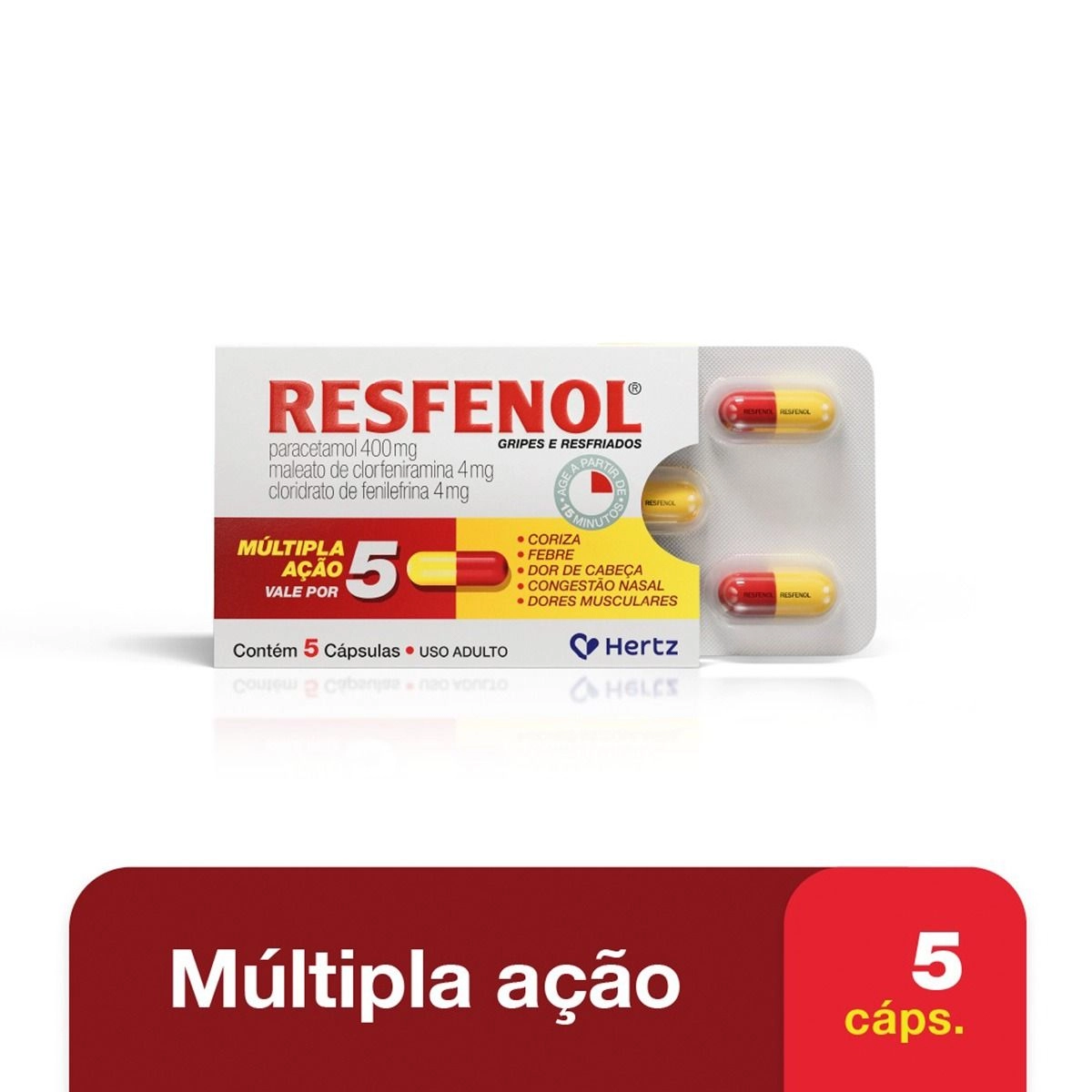 Resfenol Paracetamol 400mg + Cloridrato Fenillefrina 4mg + Maleato de Clorfeniramina 4mg 5 Cápsulas