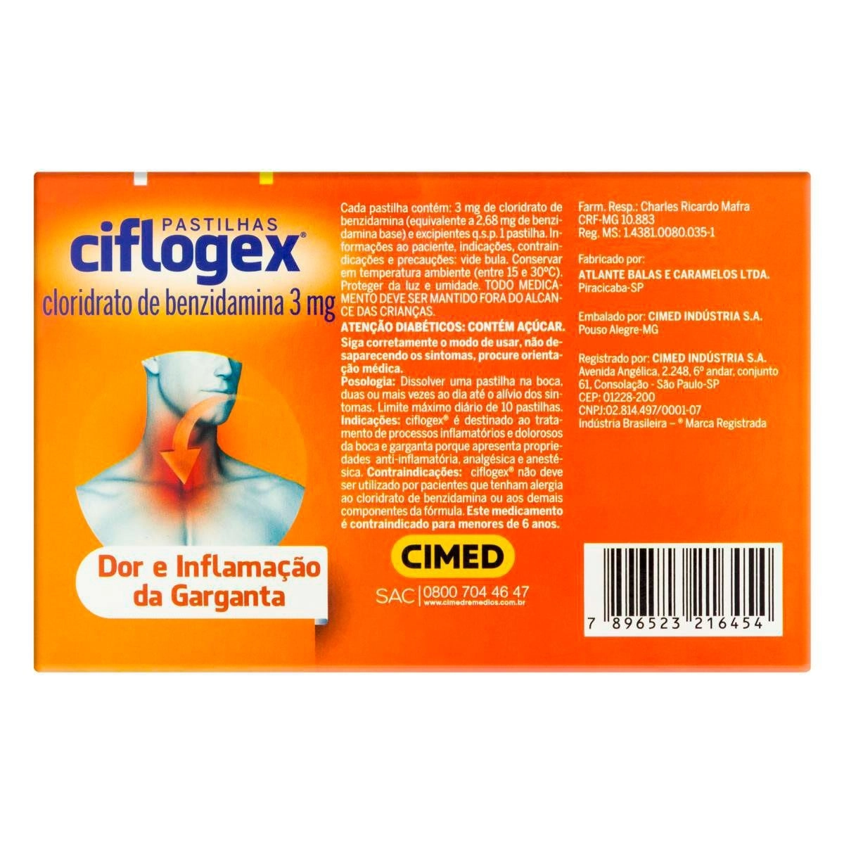 Pastilha De Garganta Ciflogex 3mg Laranja Com 12 Pastilhas