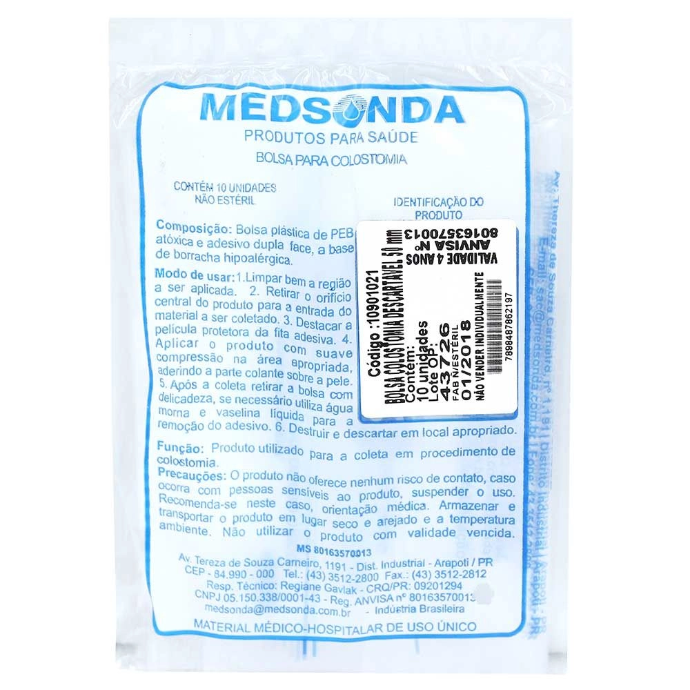 Bolsa Para Colostomia 50Mm Medsonda Com 10 Unidades