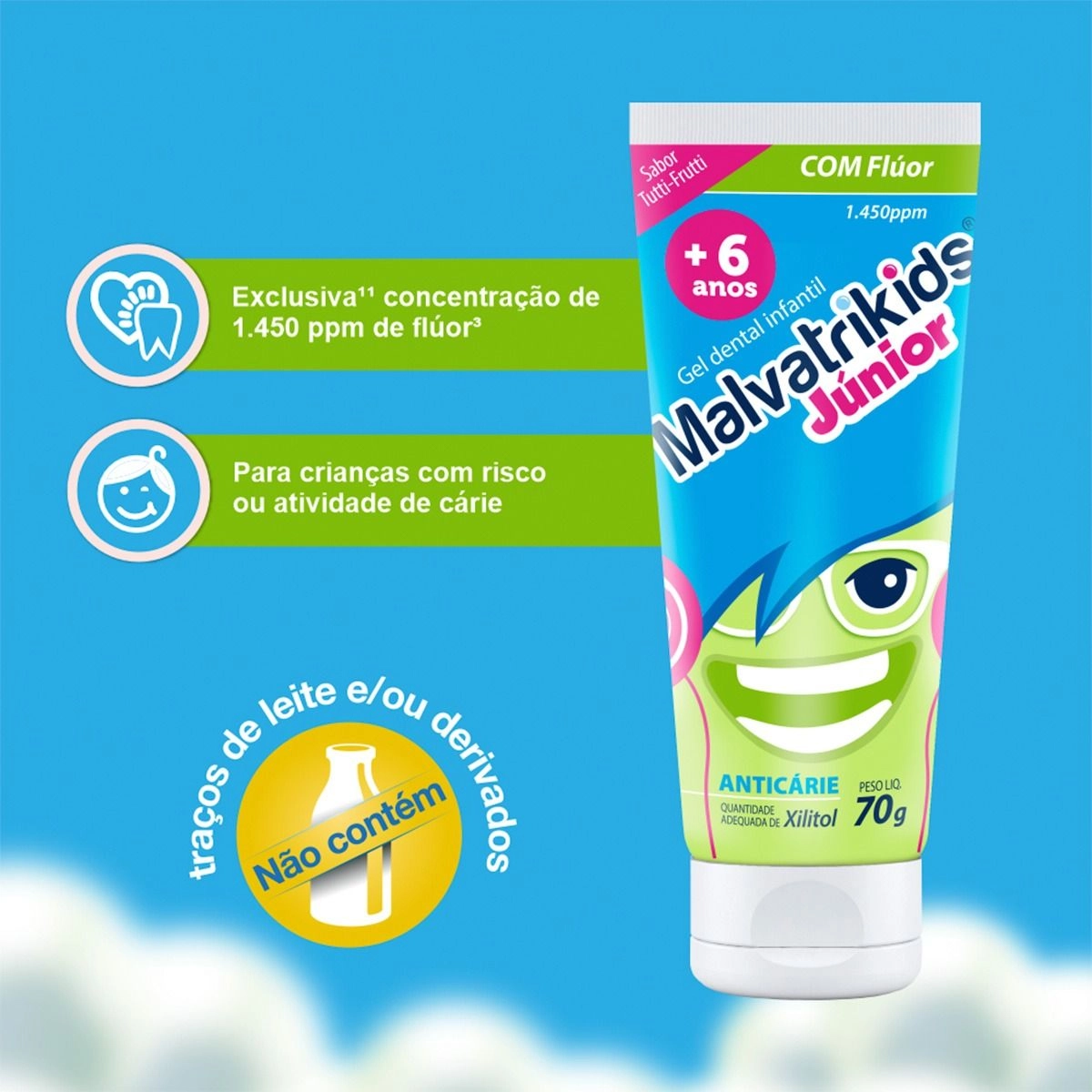 Gel Dental Infantil Sabor Tutti-Frutti  Malvatrikids Júnior 70G