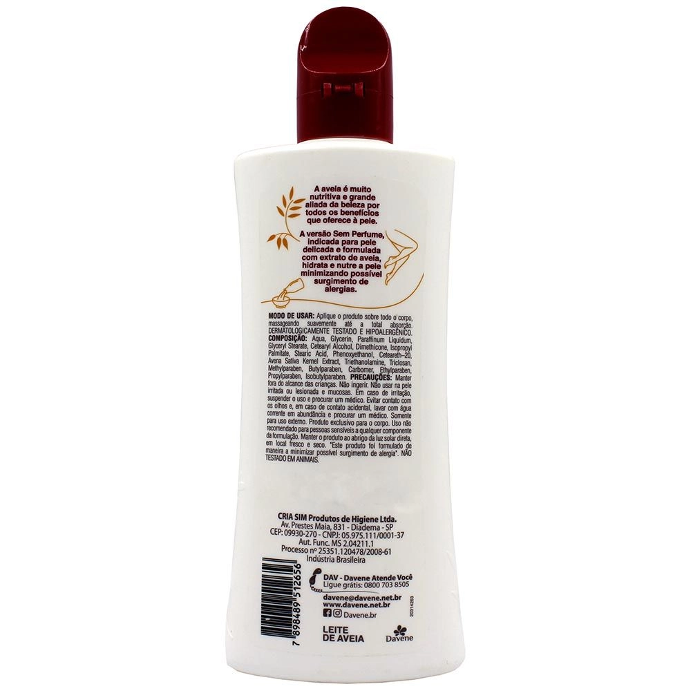 Loção Hidratante Sem Perfume Leite De Aveia Davene 400Ml