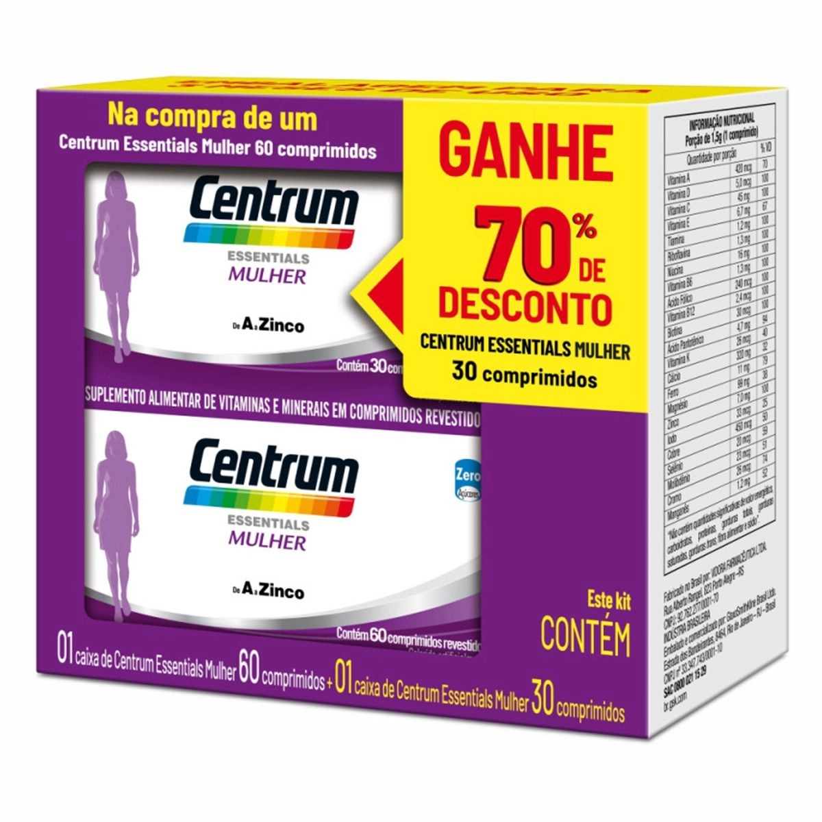 Kit Suplemento Vitamínico Essentials Mulher com 2 Unidades 60 Comprimidos e 30 Comprimidos Centrum