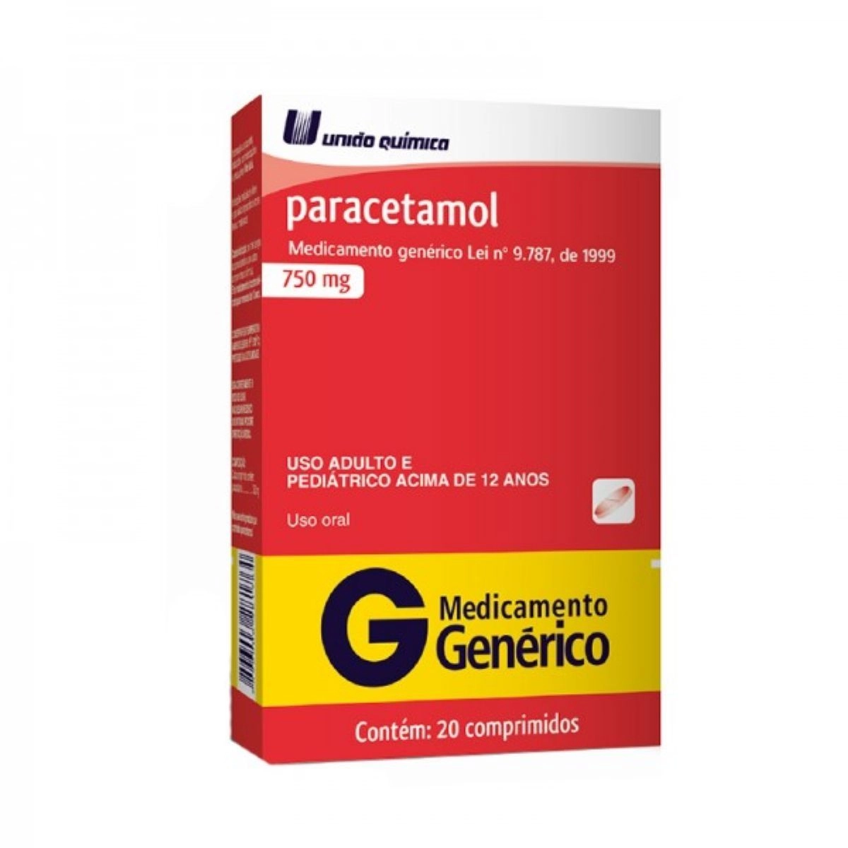 Paracetamol 750mg C/20 Comprimidos Genérico União Química
