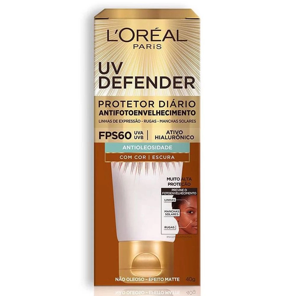 Protetor Solar Facial L'Oréal UV Defender Antifotoenvelhecimento Cor Escura FPS60 40g