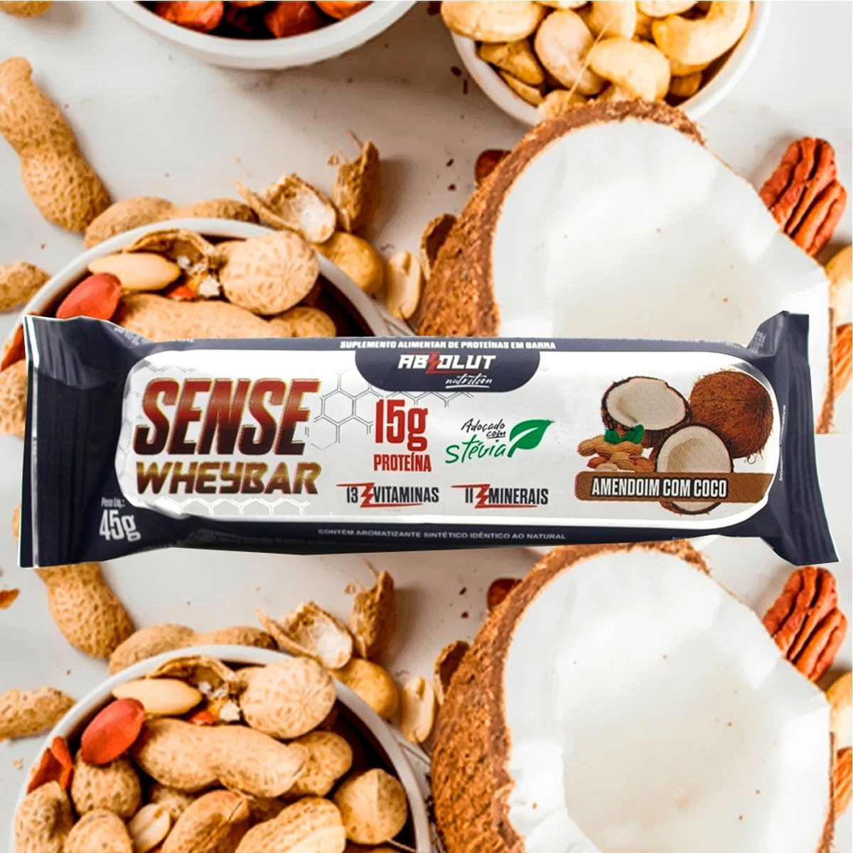 Barra Absolut Nutrition Sense Wheybar Amendoim Coco 45g