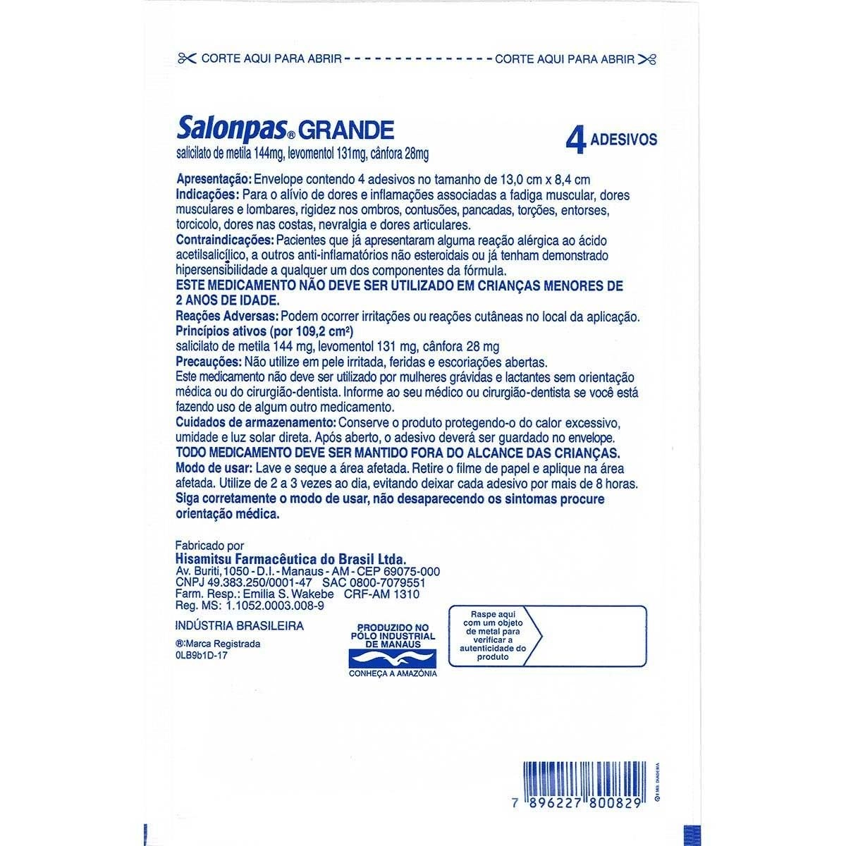 Salonpas Grande 13,0cm X 8,4cm Com 4 Adesivos
