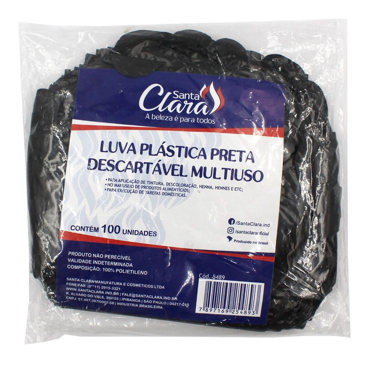Luva Plástica Preta Descartável Multiuso Com 100 Unidades Santa Clara