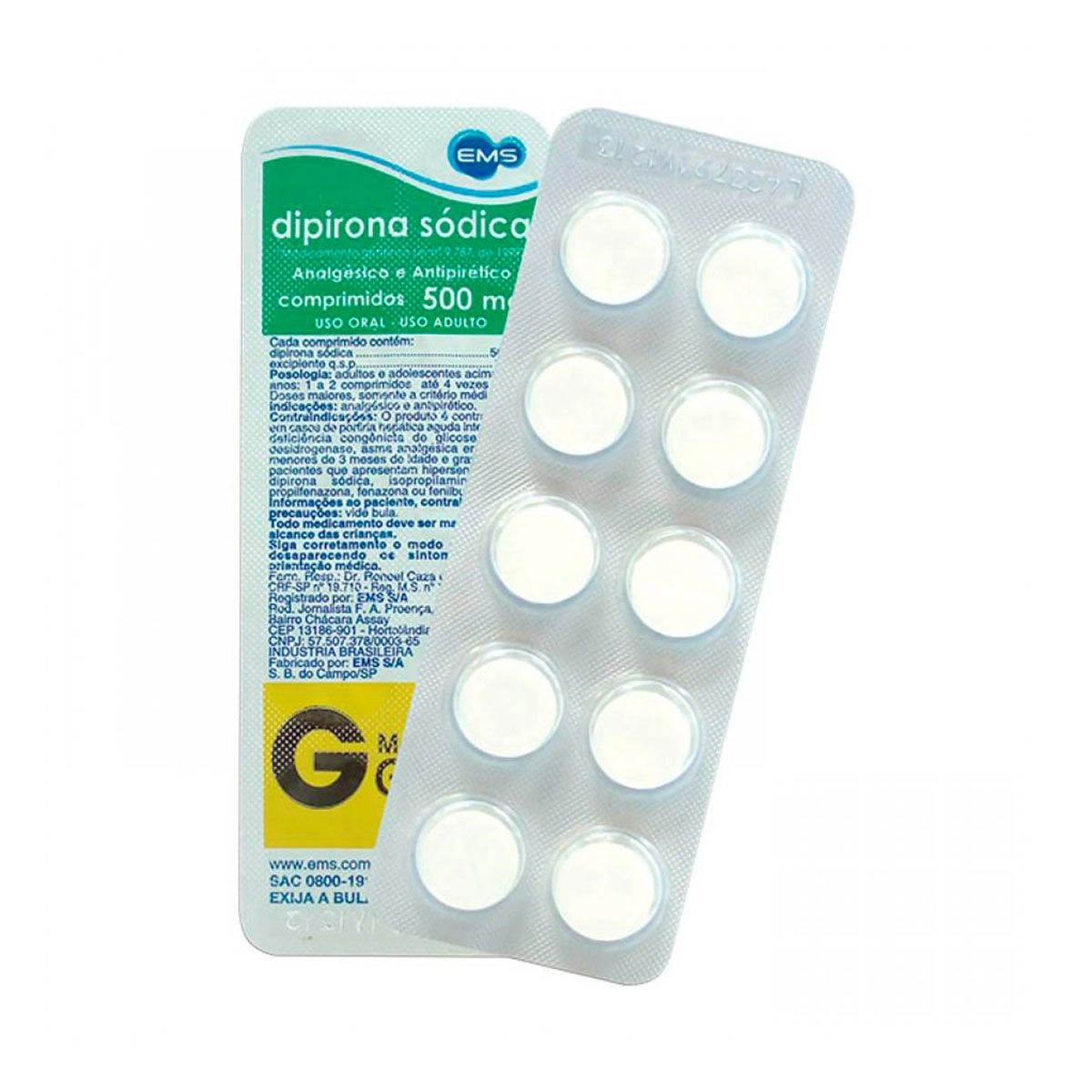 Dipirona 500mg Com 10 Comprimidos Genérico Ems