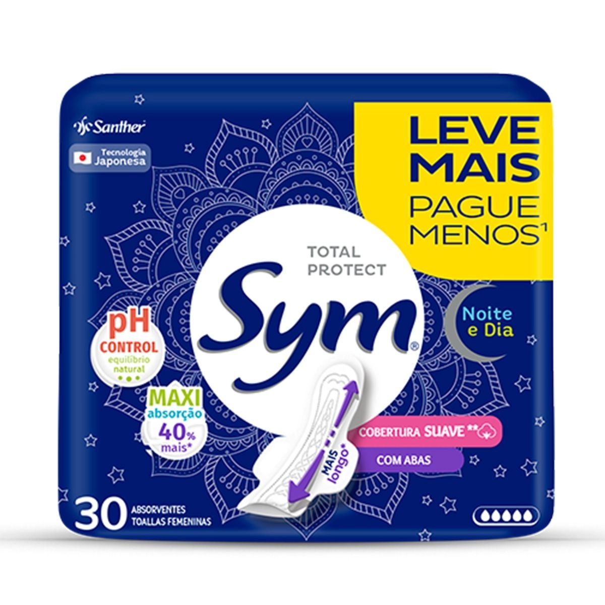 Absorvente Sym Total Protect Noite e Dia Cobertura Suave Com Abas 30 ...