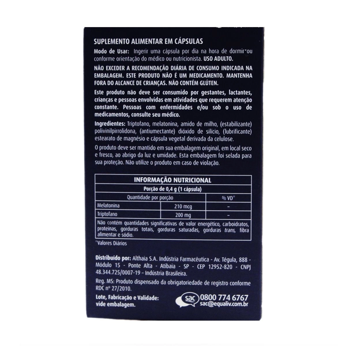 Suplemento Alimentar Melatonina e Triptofano Com 60 Cápsulas Equaliv