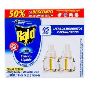 Repelente Raid Elétrico Líquido 45 Noites Com 02 Refis de 32,9ml Cada