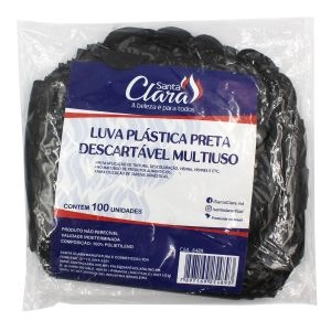 Luva Plástica Preta Descartável Multiuso Com 100 Unidades Santa Clara
