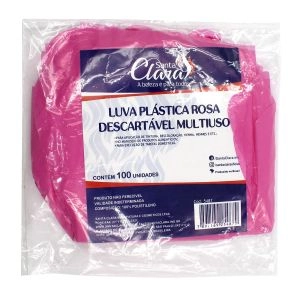 Luva Plástica Rosa Descartável Multiuso Com 100 Unidades Santa Clara