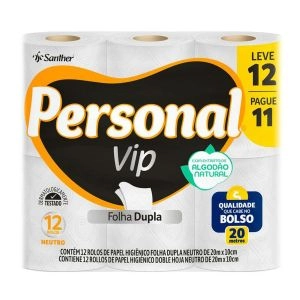 Papel Higiênico Personal Vip Neutro Folha Dupla Leve 12 Pague 11 Unidades 20 Metros Cada Santher